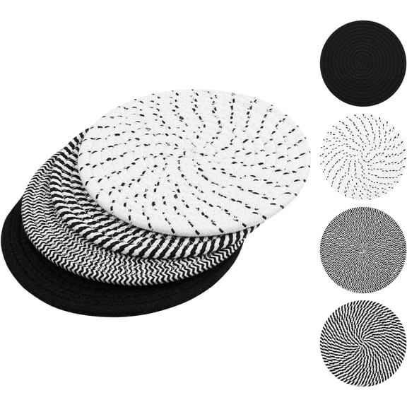 8 Inch Trivets for Hot Dishes, 4 Heat-Resistant Cotton Trivet Mats for Kitchen, Hot Pads for Countertops and Table, Pot Holders for Hot Pots and Pans, Black