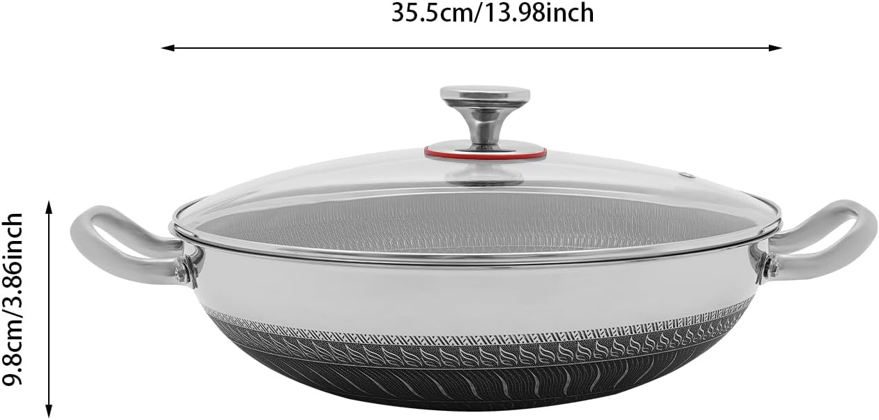 Stainless Steel Frying Pot, 14-Inch Honeycomb Wok Pan with Tempered Glass Lid – Non-Stick & Scratch-Resistant for Gas/Induction/Electric Stoves