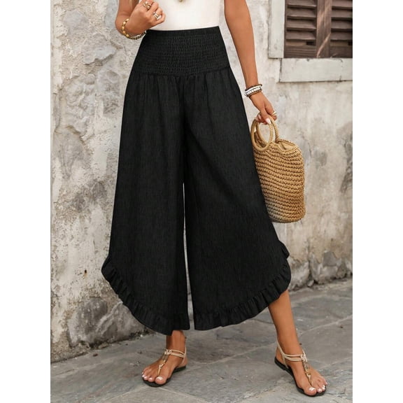 Women's Ruffled Wide Leg Pants High Waist Smocked Waist Beach Vacation Outfit