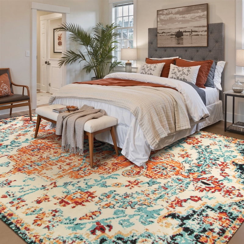 Wonnitar 9'x12' Area Rug for Living Room Boho Large Washable Rug for Bedroom Aesthetic Vintage Soft Non-Slip Non-Shedding Printed Indoor Carpet for Dining Room Nursery Kids Playroom, Orange