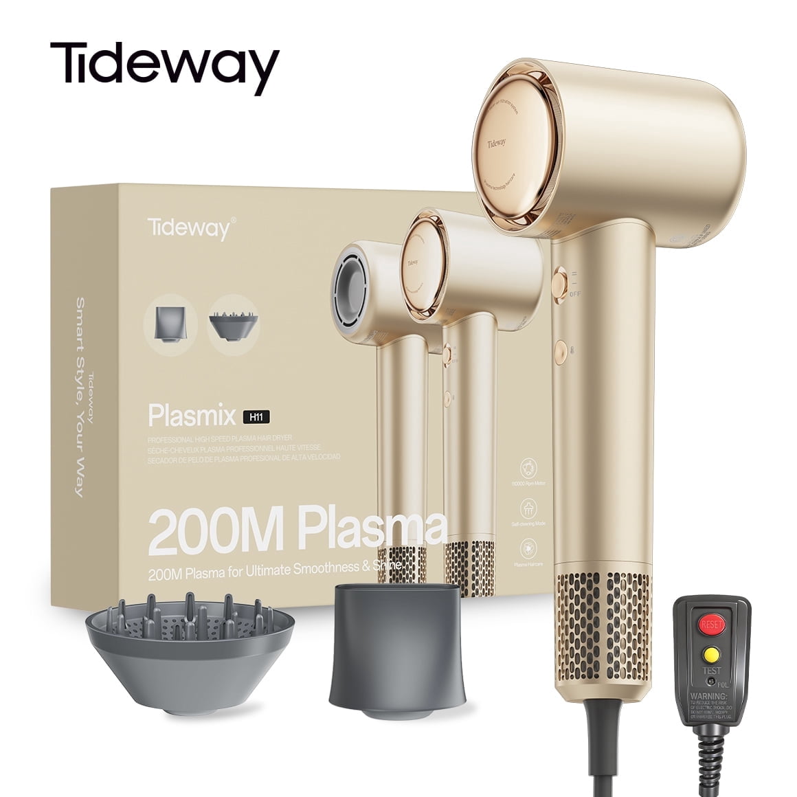Tideway H11 Hair Dryer with Diffuser, High-Speed 110,000 RPM Brushless Motor, Plasma Tech, Smart Temp Control, Lightweight, Gold