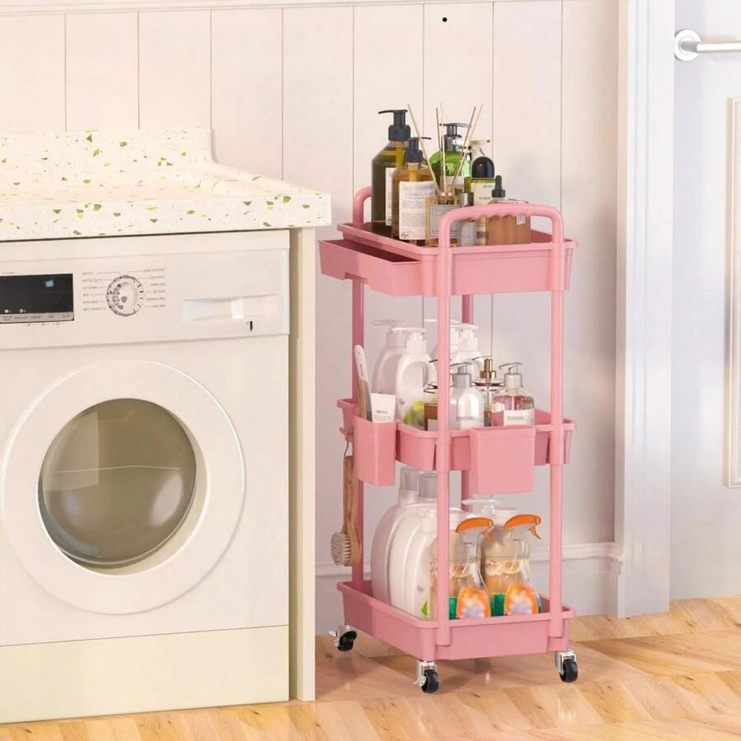odorsTT 3 Tier Pink Rolling Storage Cart with Drawers Rolling Utility Cart with Drawers,Room Decor,Bathroom Decor,Rolling Utility Cart Rolling Storage Organizer Tool for Kitchen,Bathroom