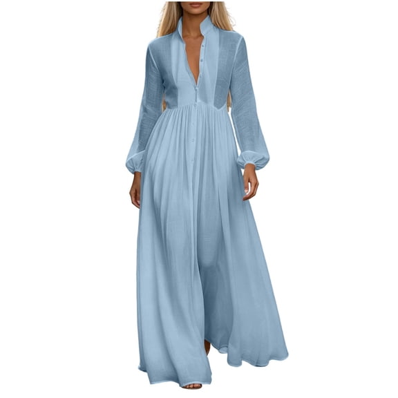 Gytharion Women's Stand Collar Maxi Dresses Long Sleeve Pleated Button Down Dresses Solid Color Loose Dresses