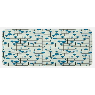 Geometric Kitchen Mat, Abstract Lines Dots of Many Sizes Modern Pattern Ornamental Minimalistic, Plush Decorative Kitchen Mat with Non Slip Backing, 47" X 19", Blue Eggshell Black, by Ambesonne