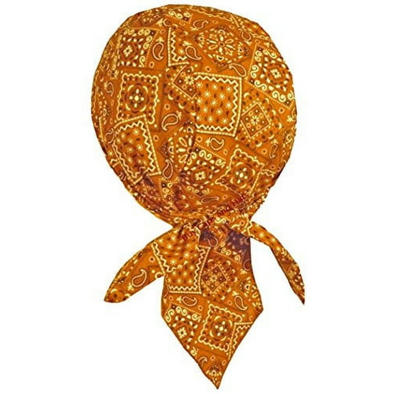 Paisley Doo-Rag Skull-Cap USA MADE with SWEATBAND Chemo Du-Bandana (Orange Paisley)