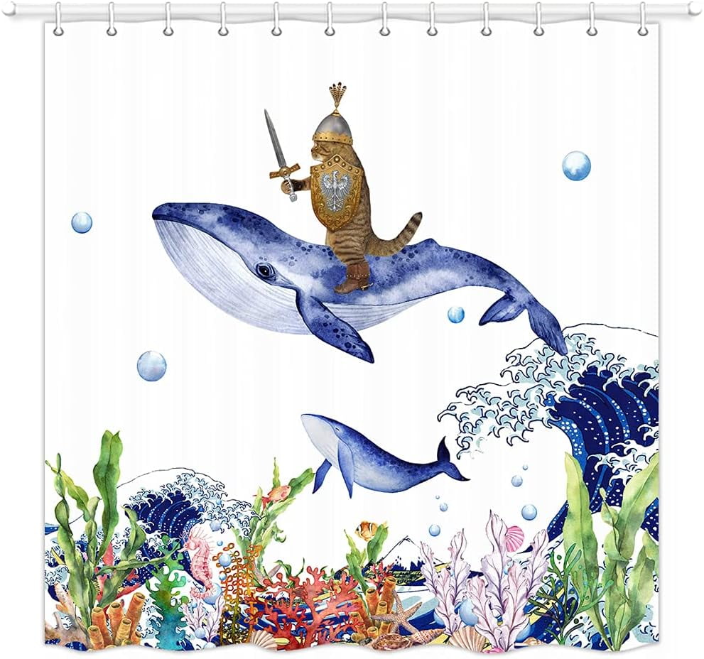 Sonernt Funny Cat Fabric Shower Curtain, Medieval Knight Cat Riding a