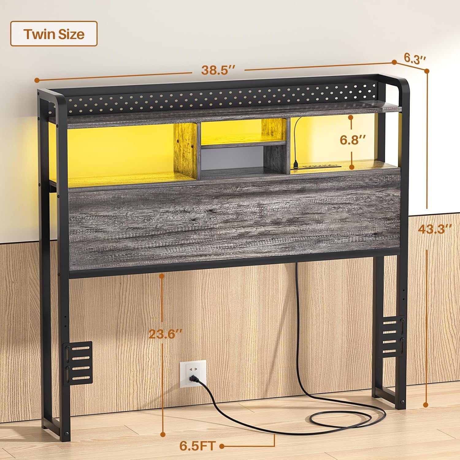 Homieasy Headboard for Twin Size Bed with Storage Shelf, Head board with 3 Outlets and 2 USB Ports, Headboards with RGB LED Light, Height Adjustable, Sturdy and Stable, Easy Assembly, Black Oak
