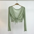 thumbnail image 2 of Cute Cardigans for Women New Womens Tie Front Shrugs Cropped Cardigan Solid Color Long Sleeve Lightweight Mesh Lace up Outerwear Green One Size, 2 of 3