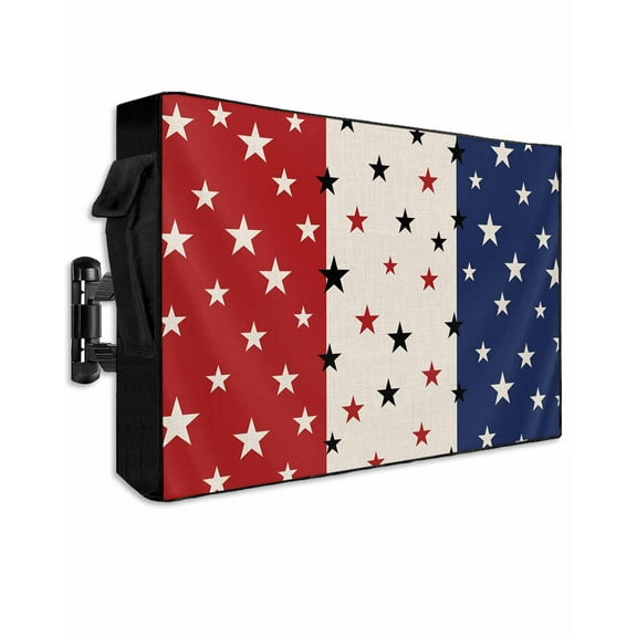 Red Blue Stars 4th of July Outdoor TV Cover 52 to 55 Inch Weatherproof, Independence Day Rustic 600D Oxford TV Covers with Waterproof Zipper, Outside Flat TV Screen Protector Size 52"W x 19"H x 4.5"D