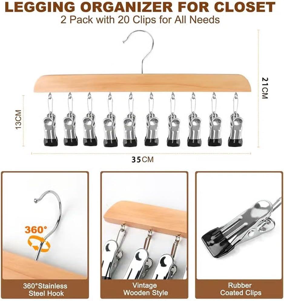Wooden Rotating Pants Hanger with 10 Clips – Space-Saving Closet Organizer for Pants and Leggings, 360° Swivel Design
