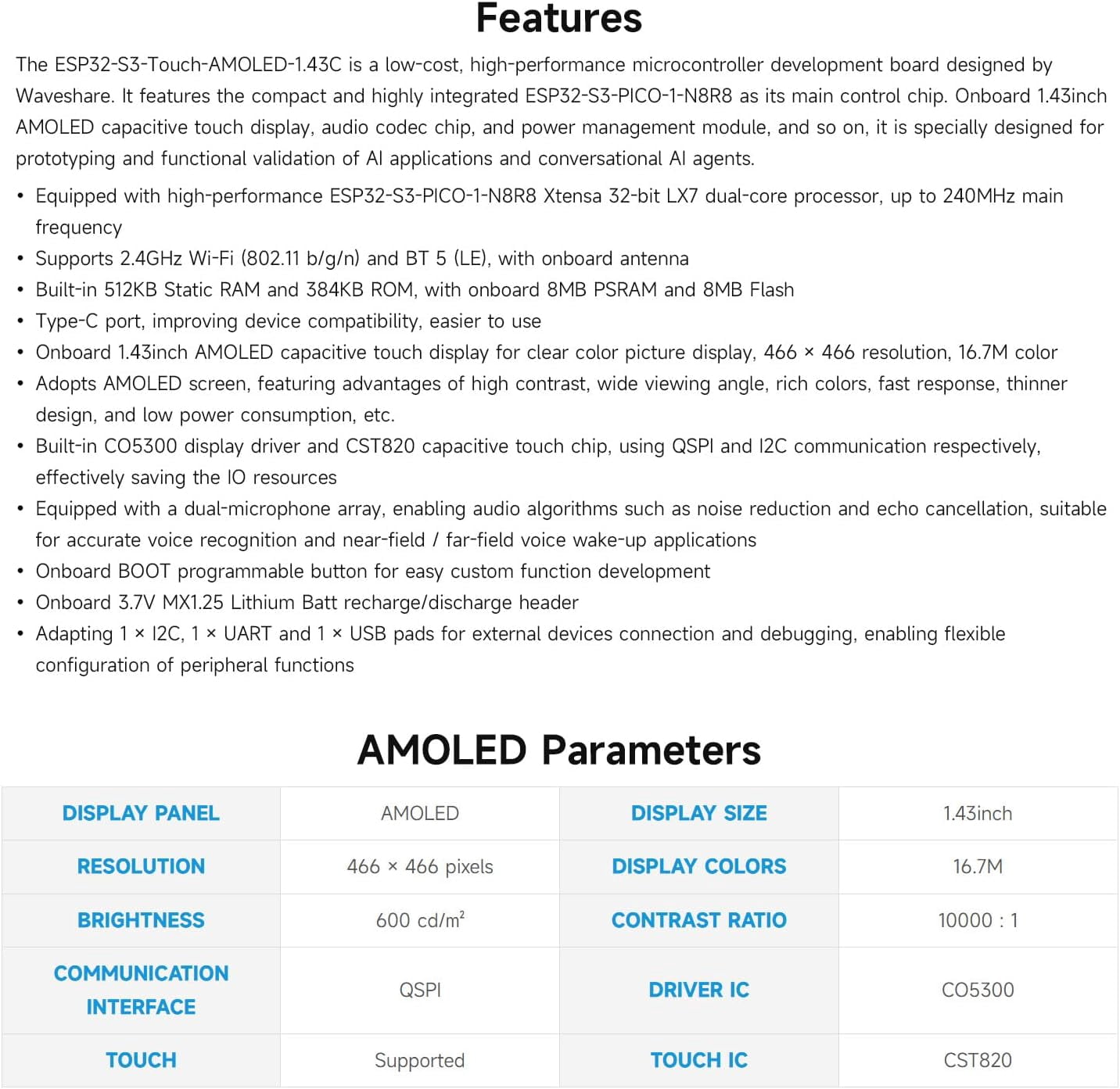 ESP32-S3 1.43inch AMOLED Round Touch Display Development Board, 466 × 466, Supports AI Speech Interaction and Online LLM Platforms, Dual-core Processsor and 240MHz Frenquency, NO BAT
