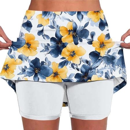 Lcziwo High Waisted Skirts for Women Plus Size Athletic Running Tennis Golf Skort Boho Floral Print Casual Skorts with Pockets Yellow XXXL