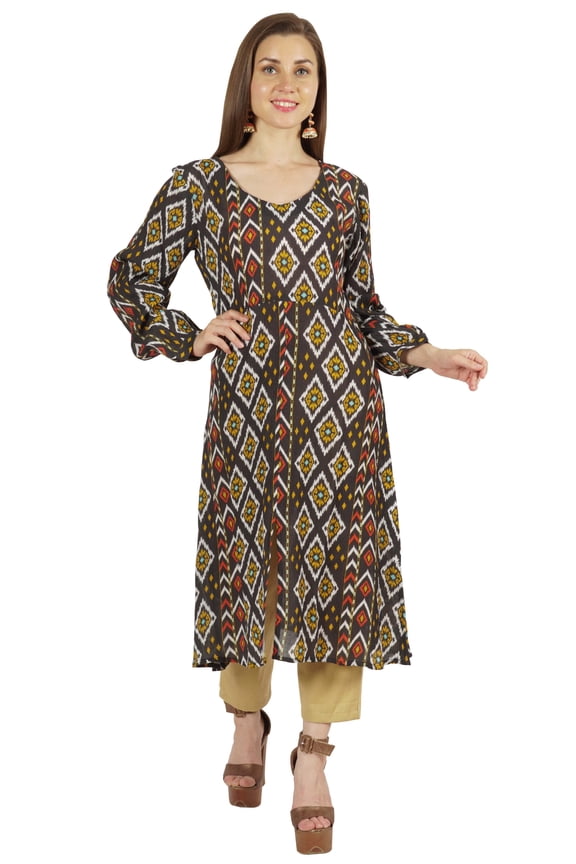 Printed Full Sleeve A-Line Kurti For Women Crinkle Rayon Designer Indian Ethnic Blouse