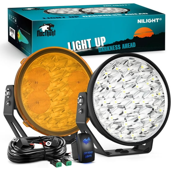 Nilight 9 Inch Round LED Offroad Driving Lights with Yellow Black Covers 2 PCS 140 W Hyper Spot Beam Work Light w/ 14 AWG DT Connector Wiring Harness Kit for Jeep Truck ATV UTV SUV