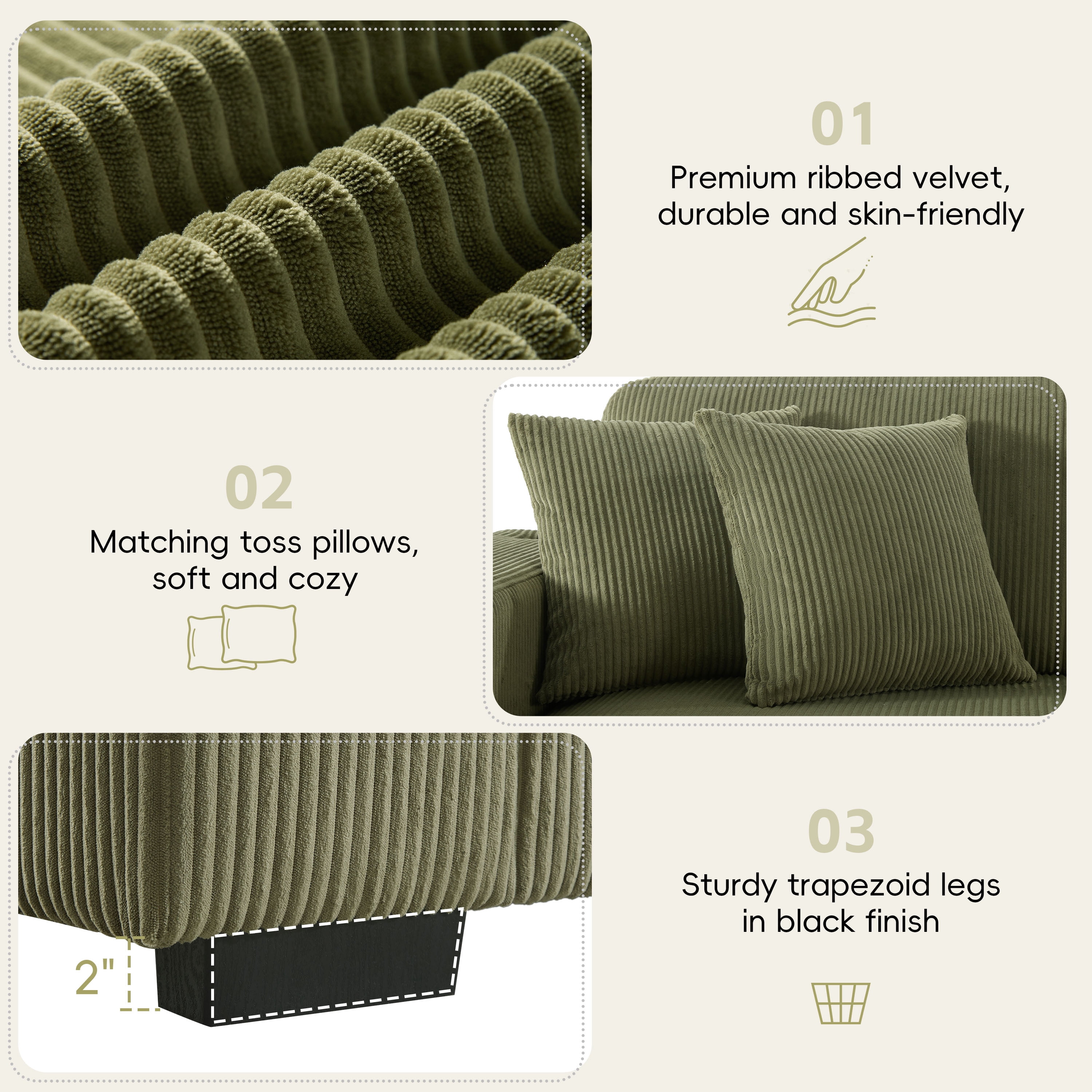 GARITIN L Shaped Sectional Sofa 86.5 Inch, Corduroy Upholstered Couch with Cup Holders and Charging Ports for Living Room, Green