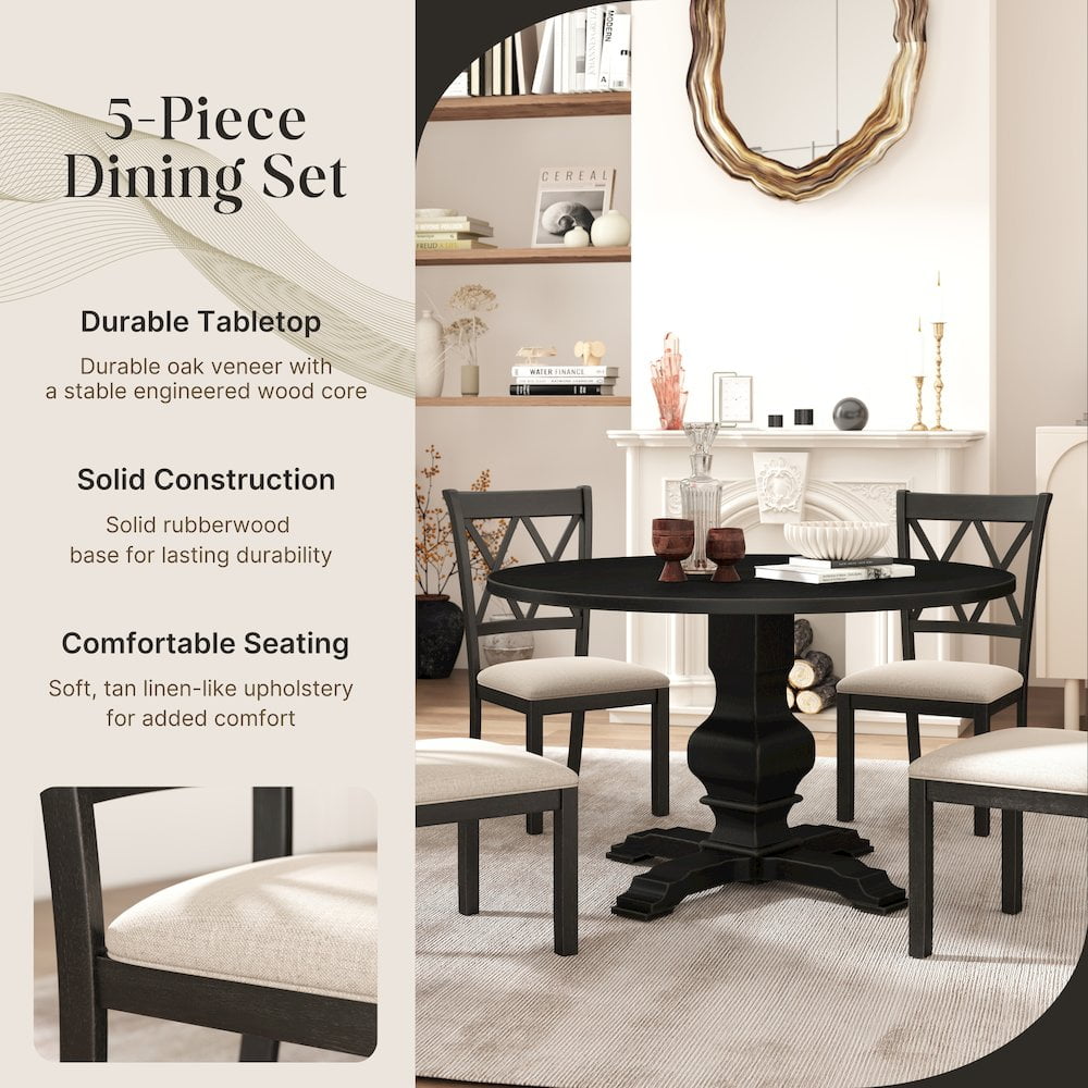 Roundhill Furniture Havre Dining Set, Pedestal Round Table with 4 Chairs