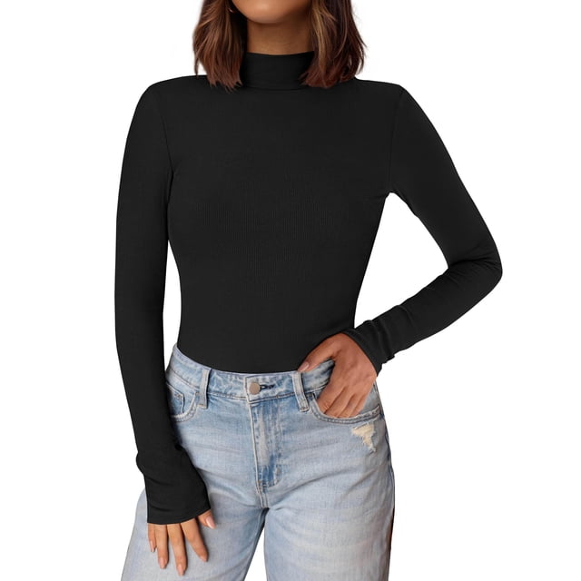 Remera PRETTYGARDEN para Mujer con Cuello Alto, Manga Larga y Tejido Acanalado en Negro