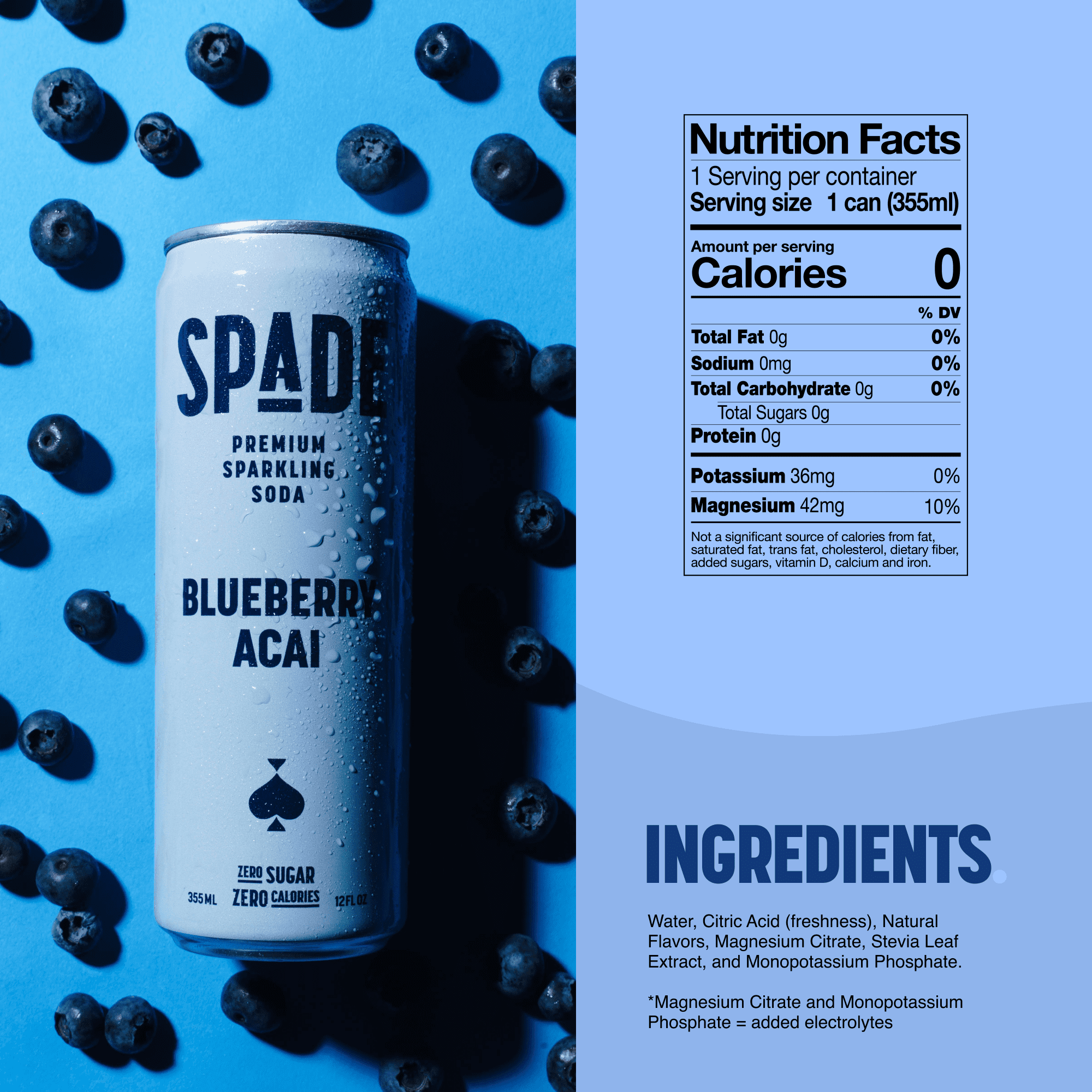 Spade Premium Natural Soda – Zero Sugar Blueberry Acai (12 Pack, 12 oz Cans)