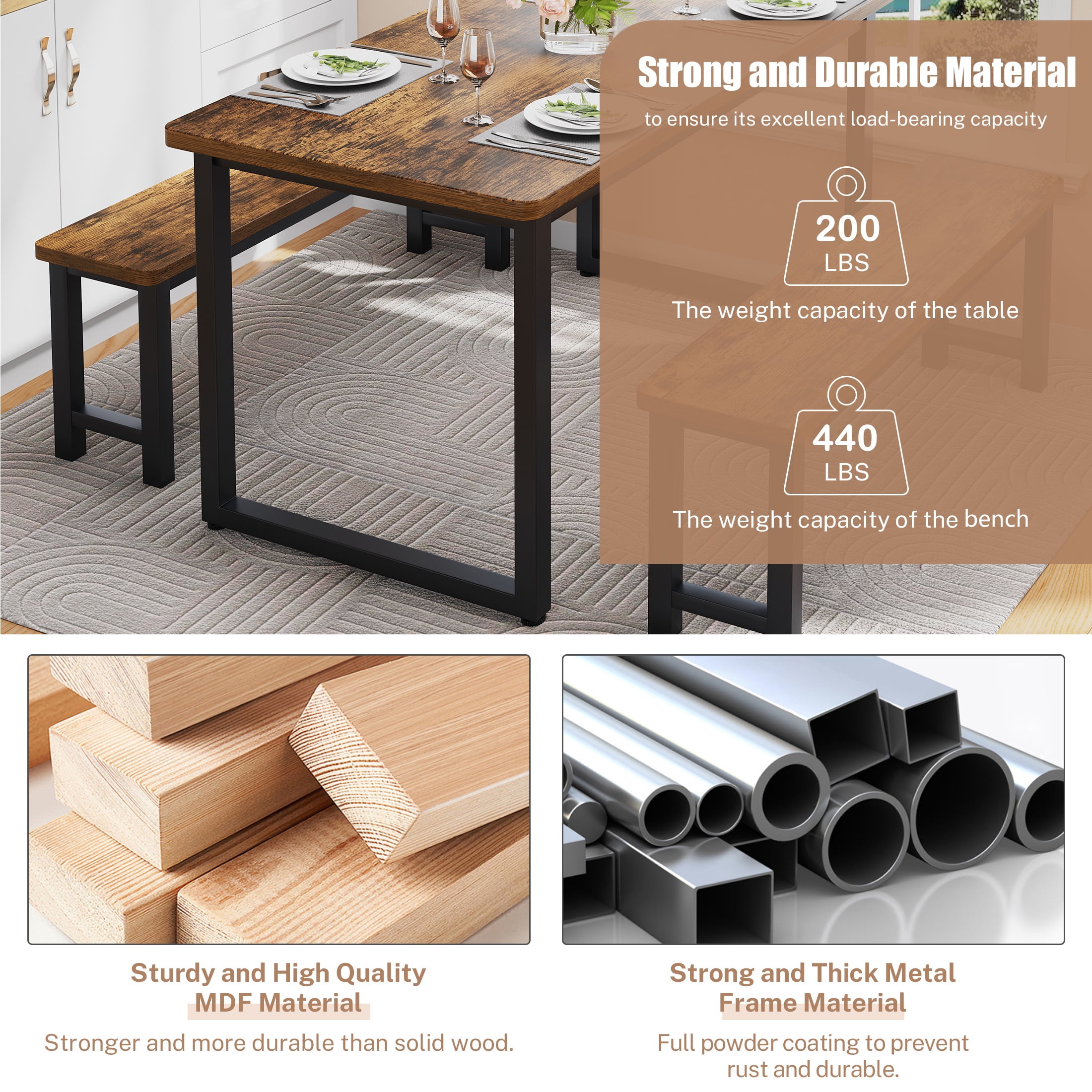 PAPROOS Dining Table Set for 4, 3-Piece Kitchen Table Set with 2 Benches, Dining Room Table Set with Metal Frame, Breakfast Nook Furniture Set for Home Cafeteria Bar Dining Room, Brown