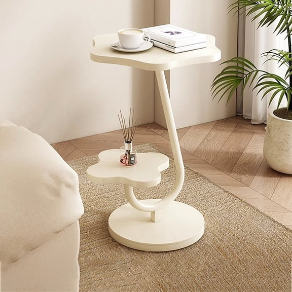 2 Tier Flower Shape End Table, 15.7in Bedroom Side Table, Modern End Table Small Round Side Table,End Table with Storage Shelf,Cream White Coffee Table
