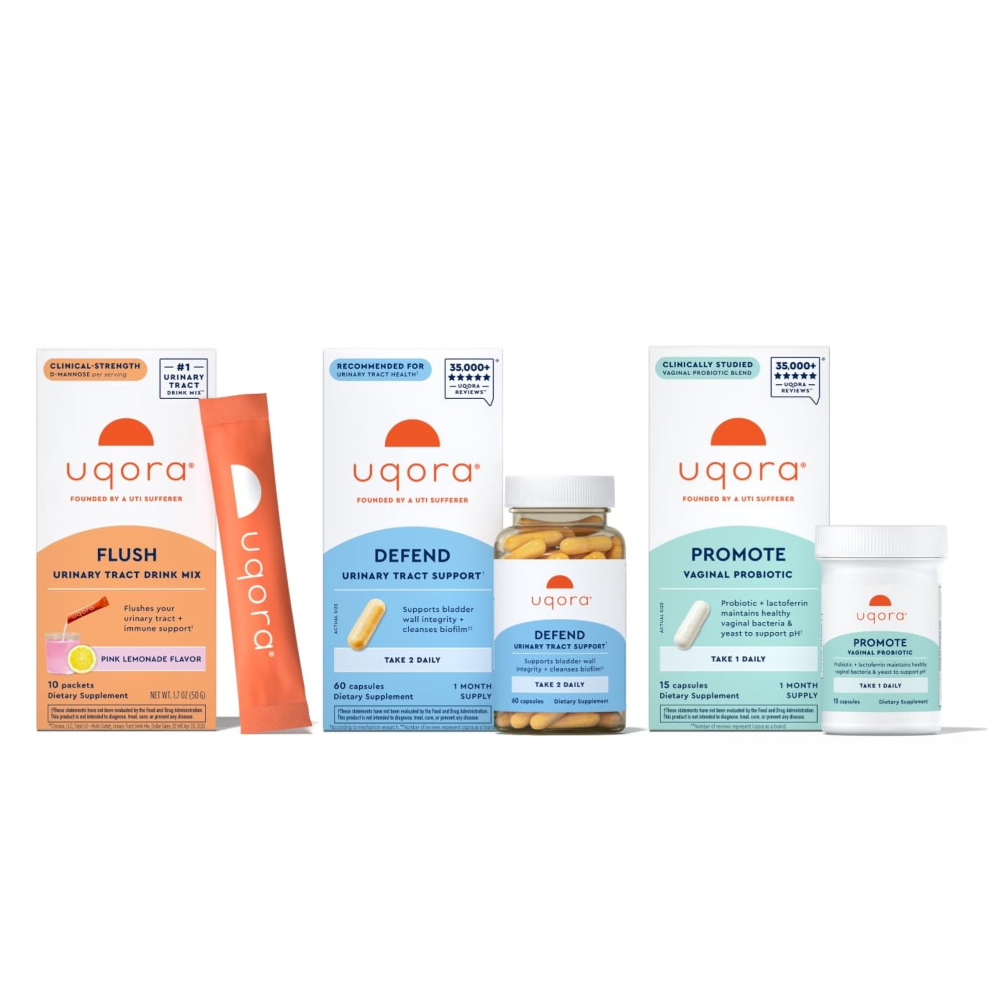 Uqora Complete Regimen with Flush, Defend & Promote - Urinary Tract Support with D-Mannose, Vitamin C, Green Tea Extract, Probiotics & More - Comprehensive Bladder Health Support* - 3-Part Bundle