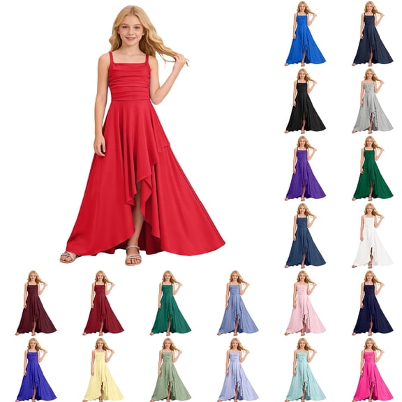 VeFlora Spaghetti Straps Junior Bridesmaid Dresses Chiffon Flower Girl Dresses for Wedding Girls Pageant Party Dress(Red/4-5 Years)
