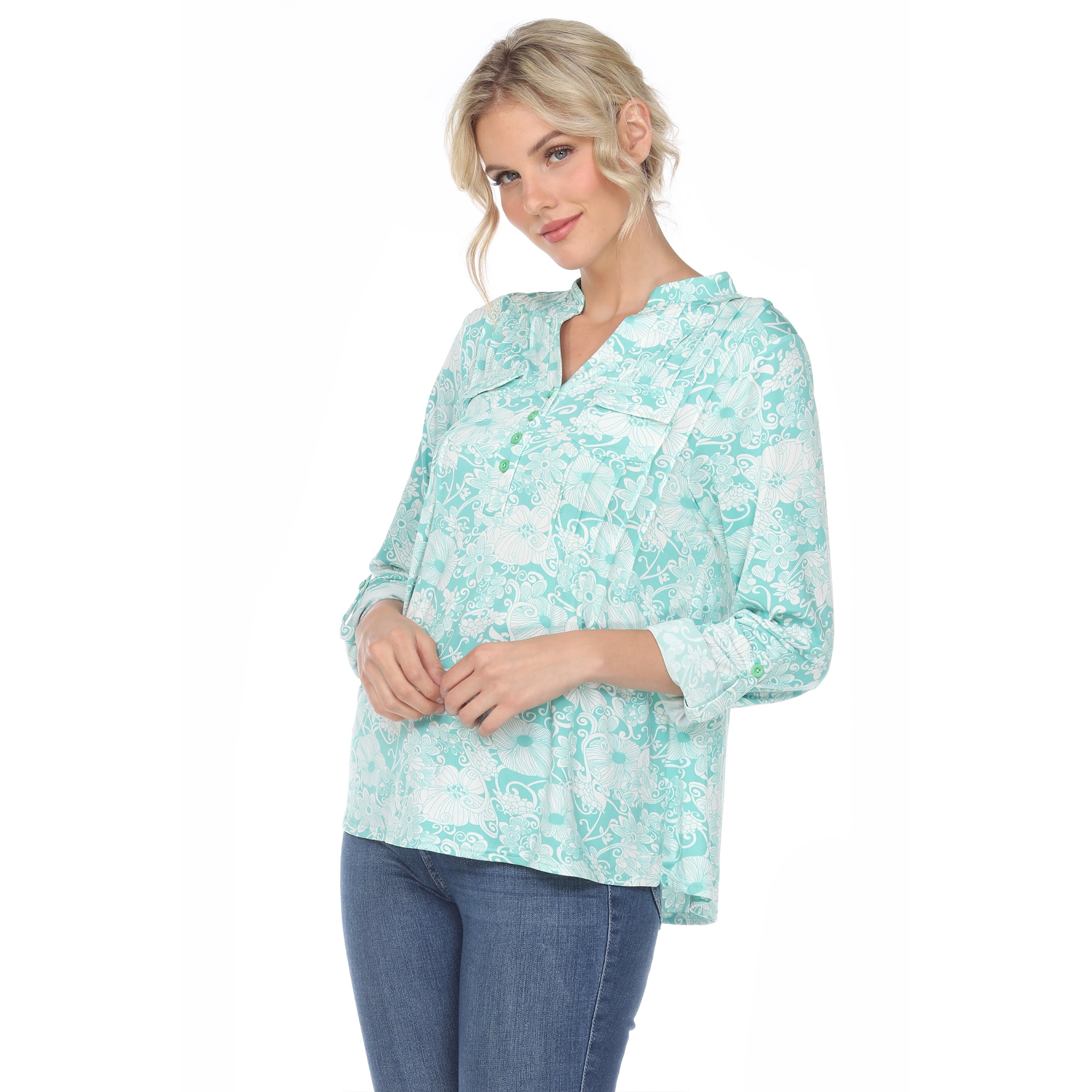 White Mark Women's Pleated 3/4 Sleeve Floral Print Blouse