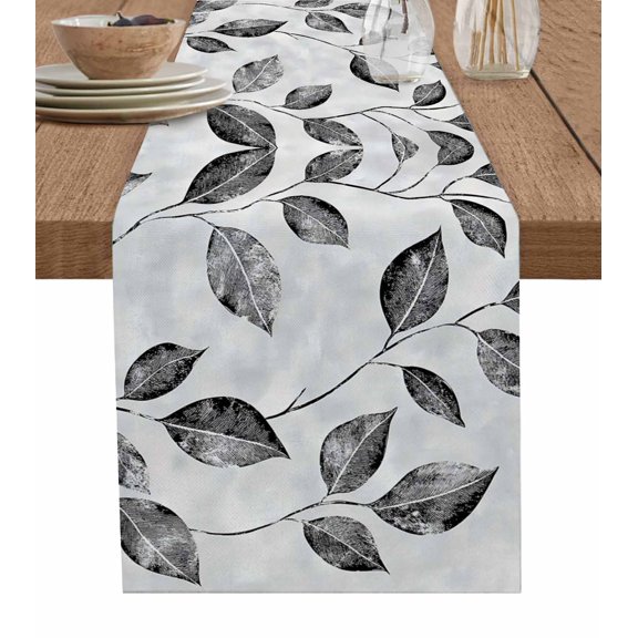 Grey Black Leaves Table Runner 70 Inches, Spring Retro Botanical Branches Bed Runner Dresser Scarves Tabletop for Indoor Outdoor Parties/Ceremony/Banquet, 13" x 70"