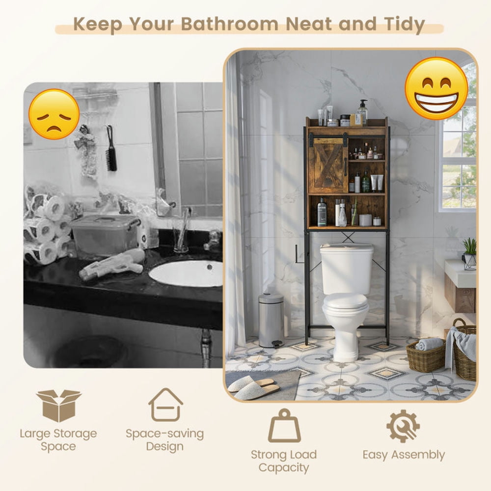 Finihen Toilet Storage Cabinet, Bathroom Cabinet Organizer, 4-Tier Multifunctional Toilet Sorage Cabinet with Adjustable Shelf and Sliding Barn Door, for Bathroom, Rustic Brown