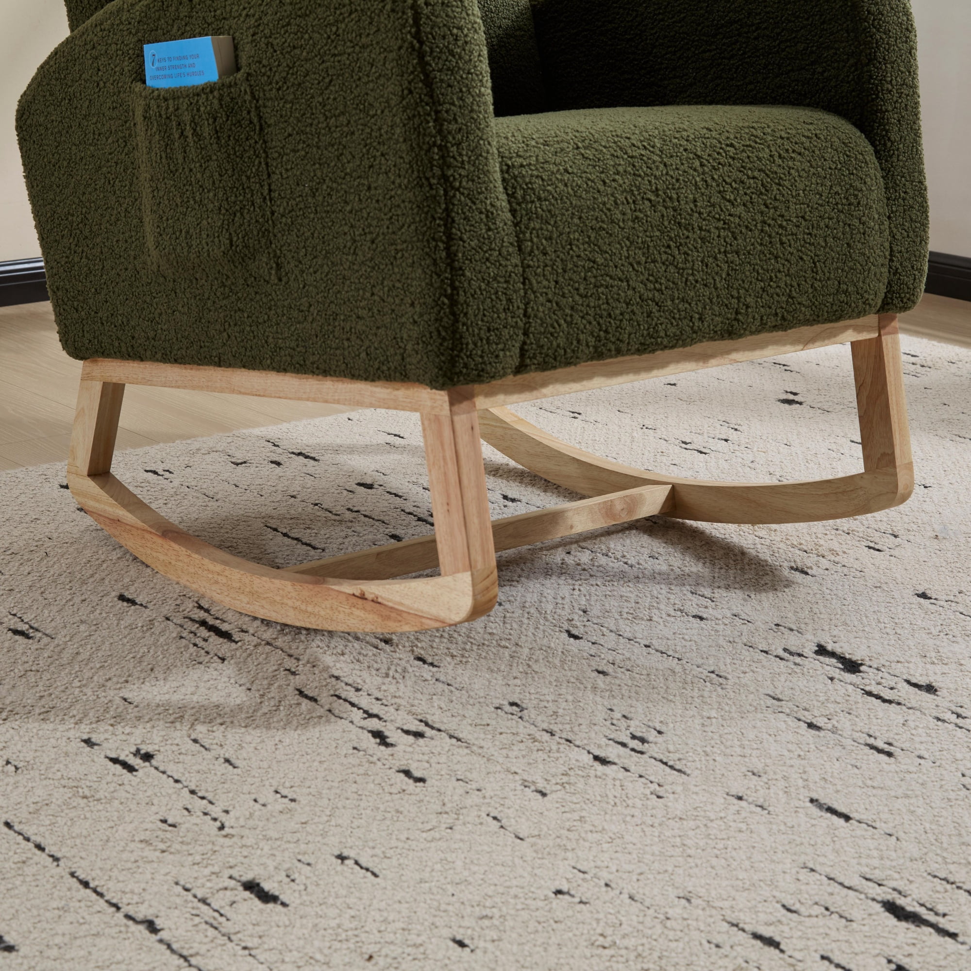 CARZZI LIFE Modern Nursery Rocking Chair, Teddy Upholstered Rocking Chair with Footrest, Comfortable Rocker Recliner with Side Pocket, Rocker Glider for Living Room, Bedroom, Nursing Room (Green)