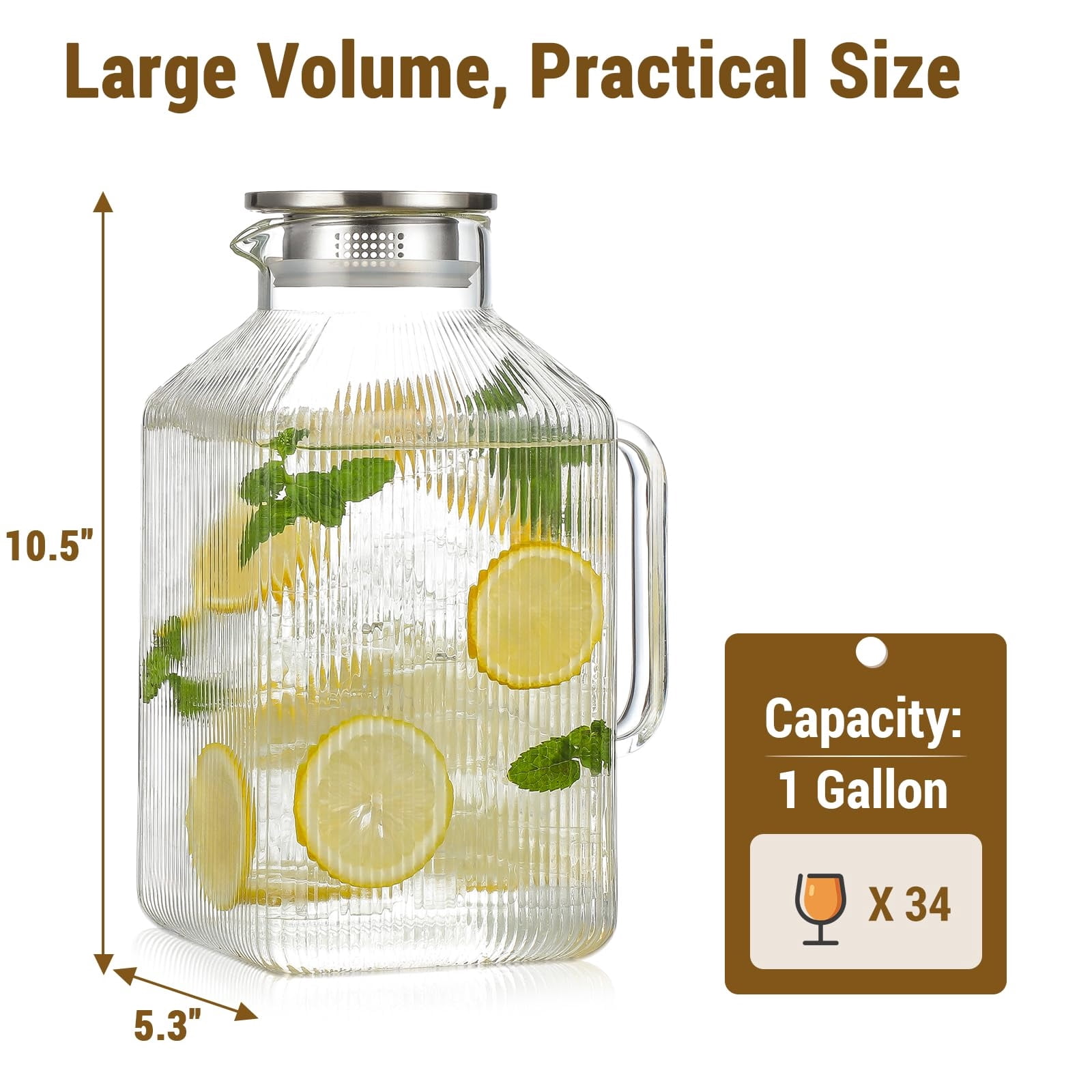 FPCYCG 2pcs 1 Gallon Glass Pitcher with Lid and Handle,Water Pitcher Coffee Beverage Serveware Iced Tea Pitcher,Glass Jug Carafe Infuser for Fridge Hot/Cold Drinks