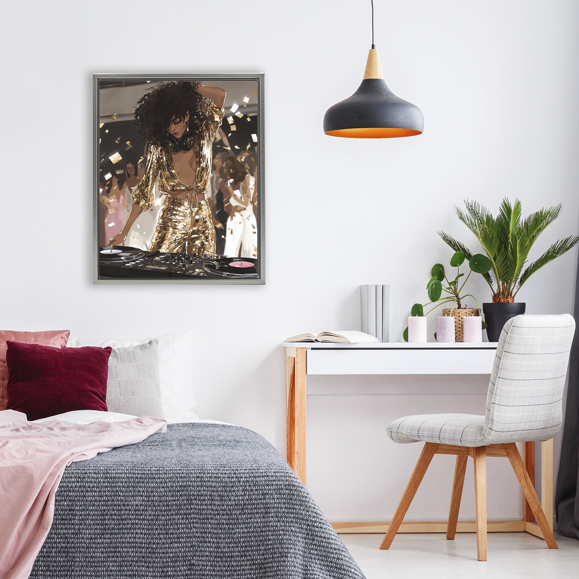 Stupell Industries Shimmering DJ in Sequins Gray Framed Floater Canvas Wall Art, design by Franklyn Gregory