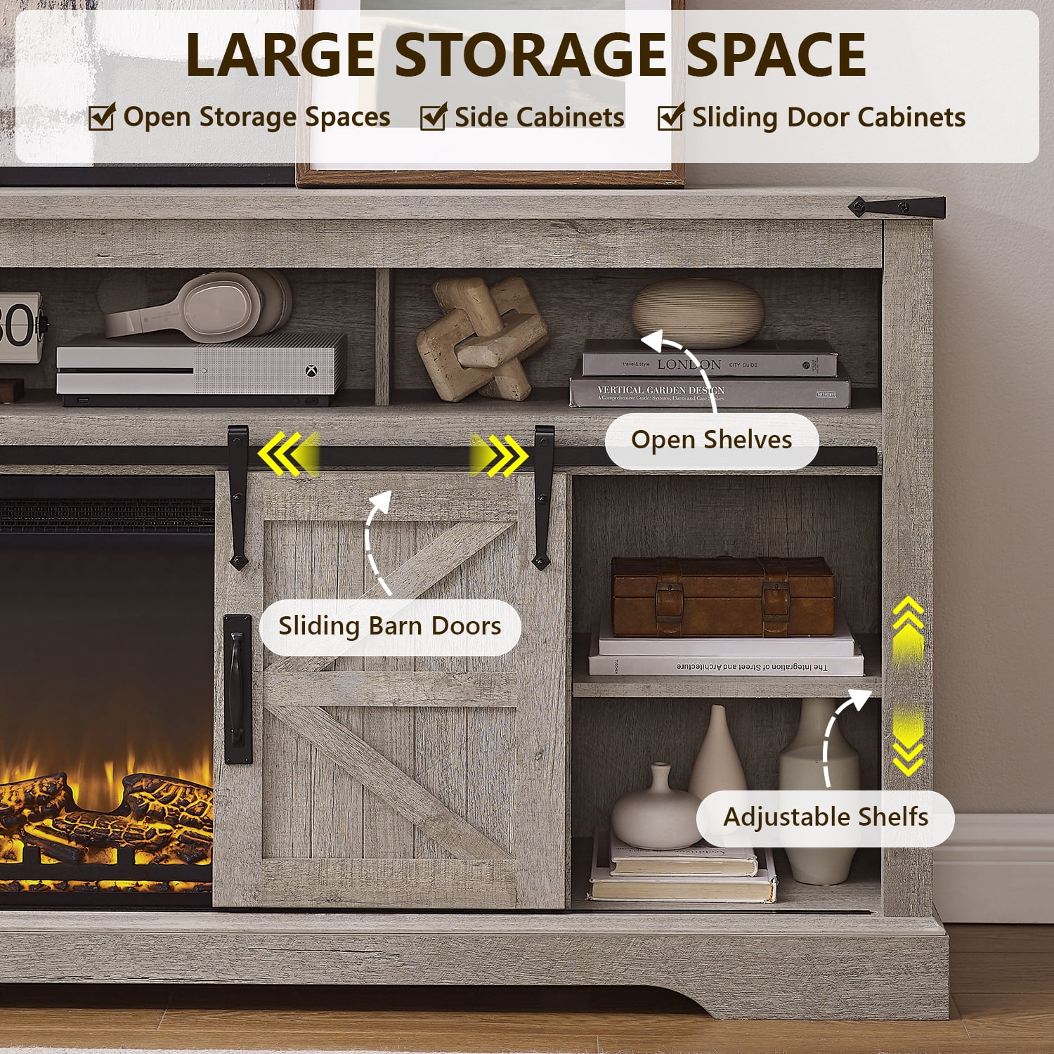 KeyWhat Farmhouse Fireplace TV Stand for TVs up to 80", 37" Electric Fireplace & Barn Door