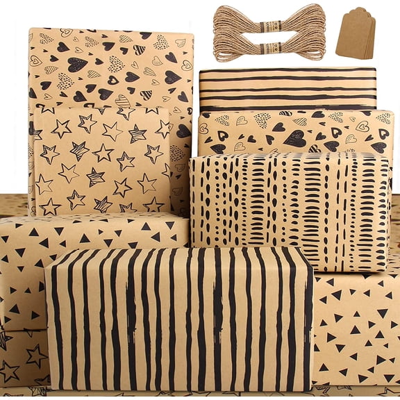 Kraft Wrapping Paper Set with Tags & String - Brown Kraft Wrapping Paper Gift Wrap for Present - Birthday Paper Wrap for Women, Men, Boys & Kids (6 Sheets, 28"Lx20"W per Sheet)