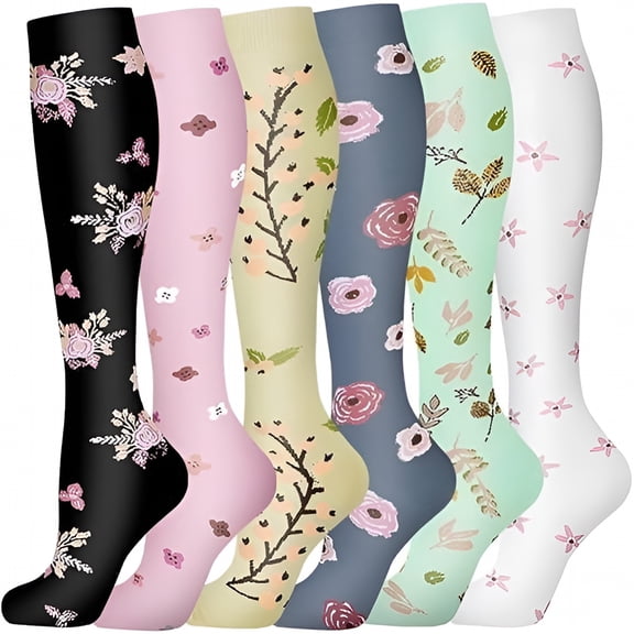 TELOLY 6 Pairs Nylon Compression Socks for Men and Women,Knee High Compression Socks for Athletic,Travel,Running,Cycling