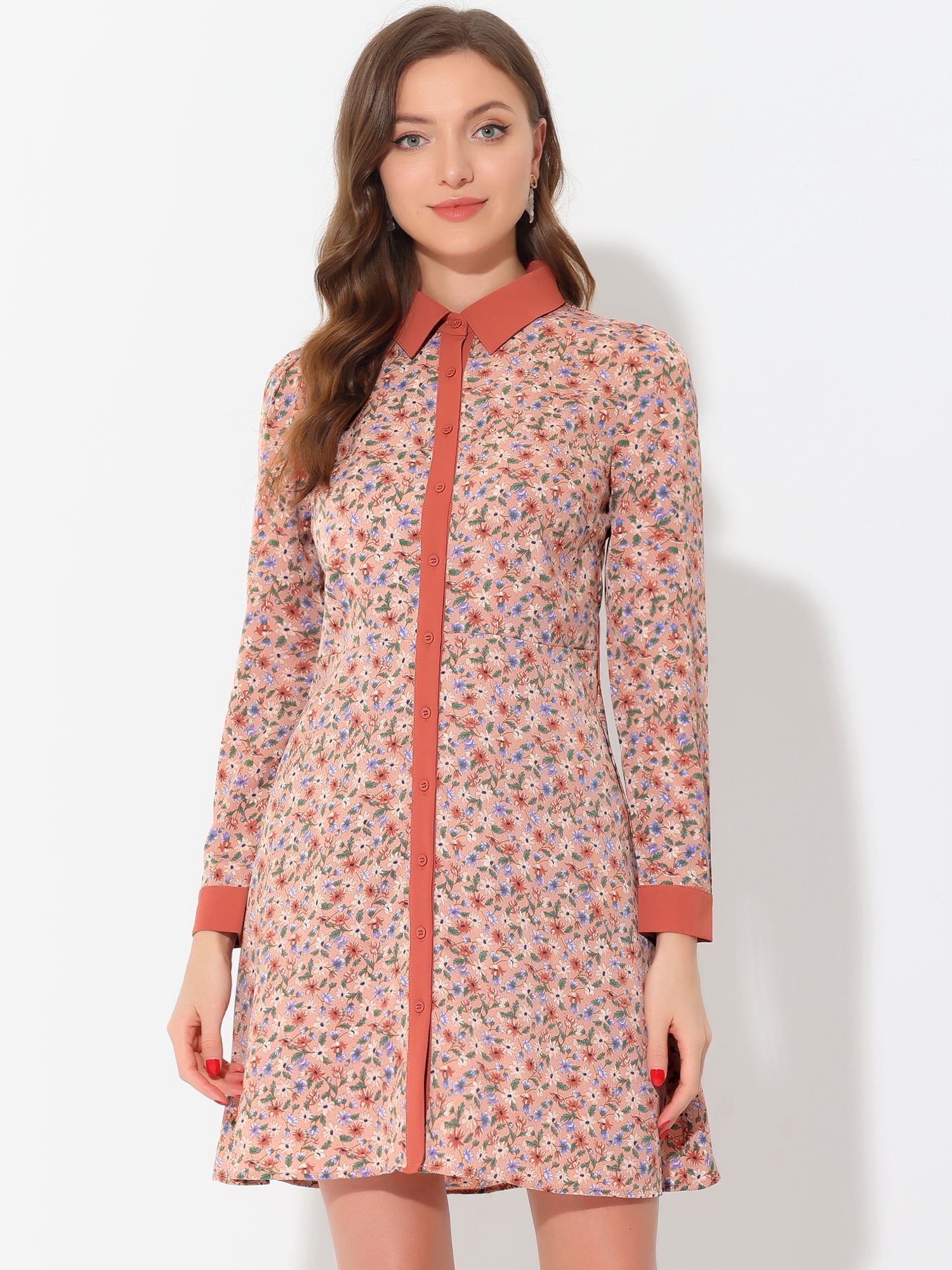 Unique Bargains Women's Contrast Collar Button Front Vintage Floral Shirt Dresses L Pink