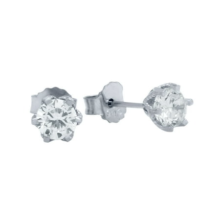 Sterling Floral Earrings - Cubic Zirconia Floral Design Small Stud Earrings Rhodium Plated Sterling Silver