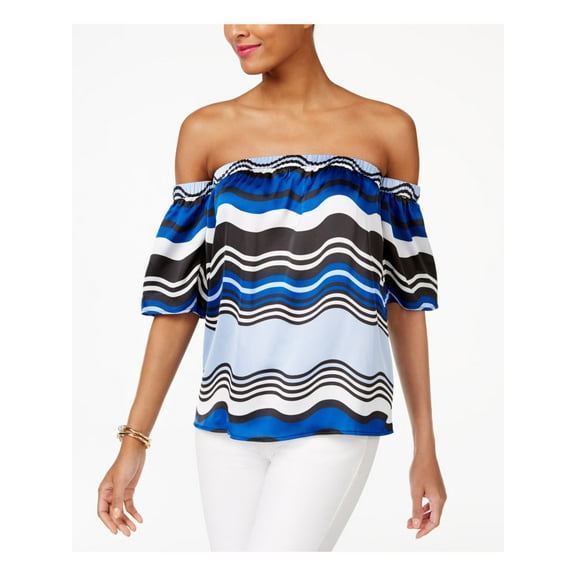 INC Womens Blue Striped Short Sleeve Off Shoulder Peasant Top XS