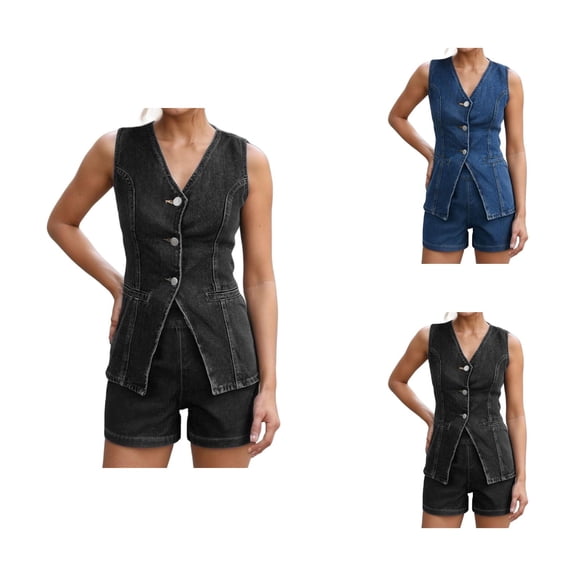 Short Sets for Women Sleeveless V Neck Button Denim Cardigan Vest and Shorts 2 Piece Matching Set Streetwear