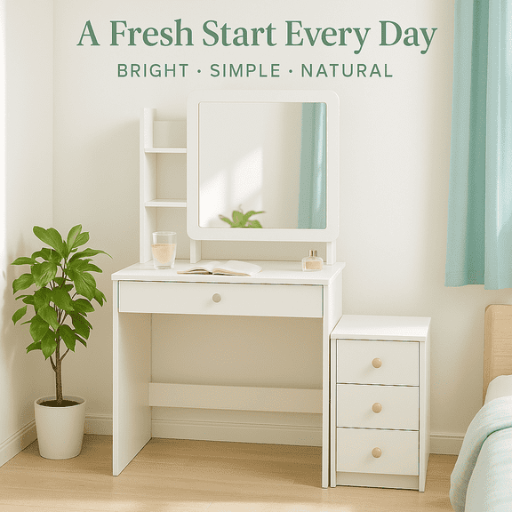 Large Vanity Table Set Makeup Vanity Dressing Table With Mirror, 5 Drawers & Shelves, Dresser Desk And Cushioned Stool Set (White Slidding Lighted Mirror)