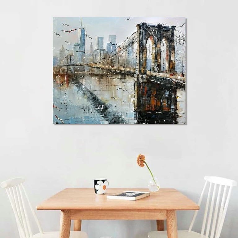 Brooklyn Bridge Canvas Wall Art - 40x20 Inch New York City Skyline Painting, Framed Textured Artwork 3 thumbnail image