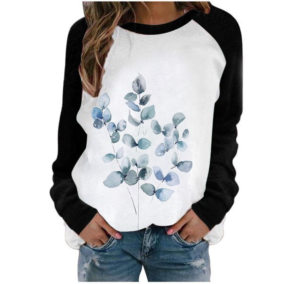 Yannianjz Womens Casual Crewneck Sweatshirt, 2022 Fashion Long Sleeve Pullover Winter Fashion Spring Fall Patchwork Printed Long Sleeves Round Neck Casual Tee Tops Christmas Gifts r6072