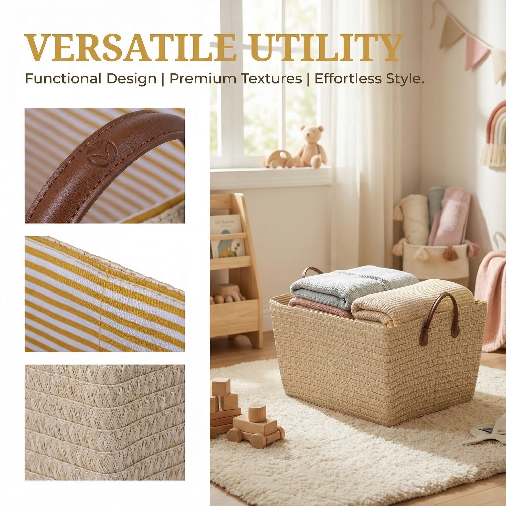 Unique Bargains Good-quality Woven Shelf Closet Storage Bin Light Brown 17.7*13.8*9.8in