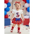 thumbnail image 4 of Loicainy Infant Baby Girl 4th of July Clothes Set 3 6 9 12 18 Months Letter Bow Print Short Sleeves Romper and Layered Ruffles Shorts Cute Headband Socks 5Pcs Outfits, 4 of 9