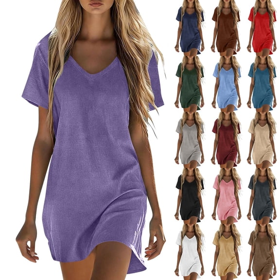 Sahpxhe Casual Dresses for Women Cotton Linen T-Shirt Dress V-Neck Short Sleeve Plus Size Mini Dress for Summer Beach Vacation Purple S