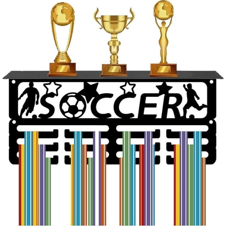 Football Medal Trophy Display Shelf Medal Hanger Display Shelf with 12 Hooks Stand Wall Mount Hold 70  Medals Holder Hanger Sports Soccer Medal Organizer Rack for Awards 11.4x5x4Inch Iron