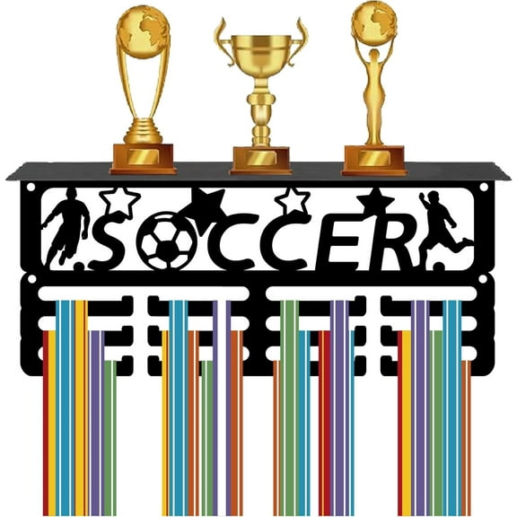 Football Medal Trophy Display Shelf Medal Hanger Display Shelf with 12 Hooks Stand Wall Mount Hold 70  Medals Holder Hanger Sports Soccer Medal Organizer Rack