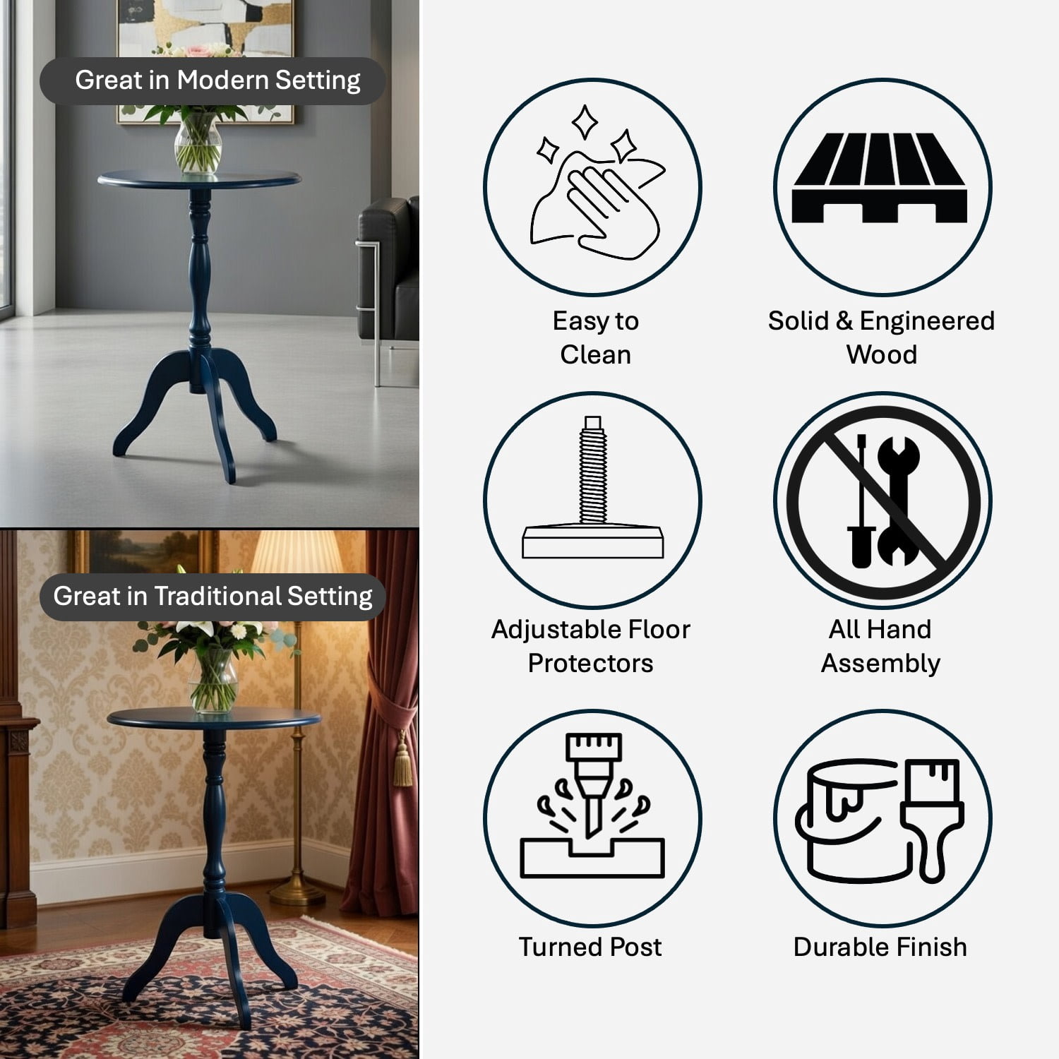 Decor Therapy Warwick Round Accent Table - 3 Leg Pedestal Side Table for Living Room, Bedroom, Entryway - Traditional Bistro Drink Table, Navy