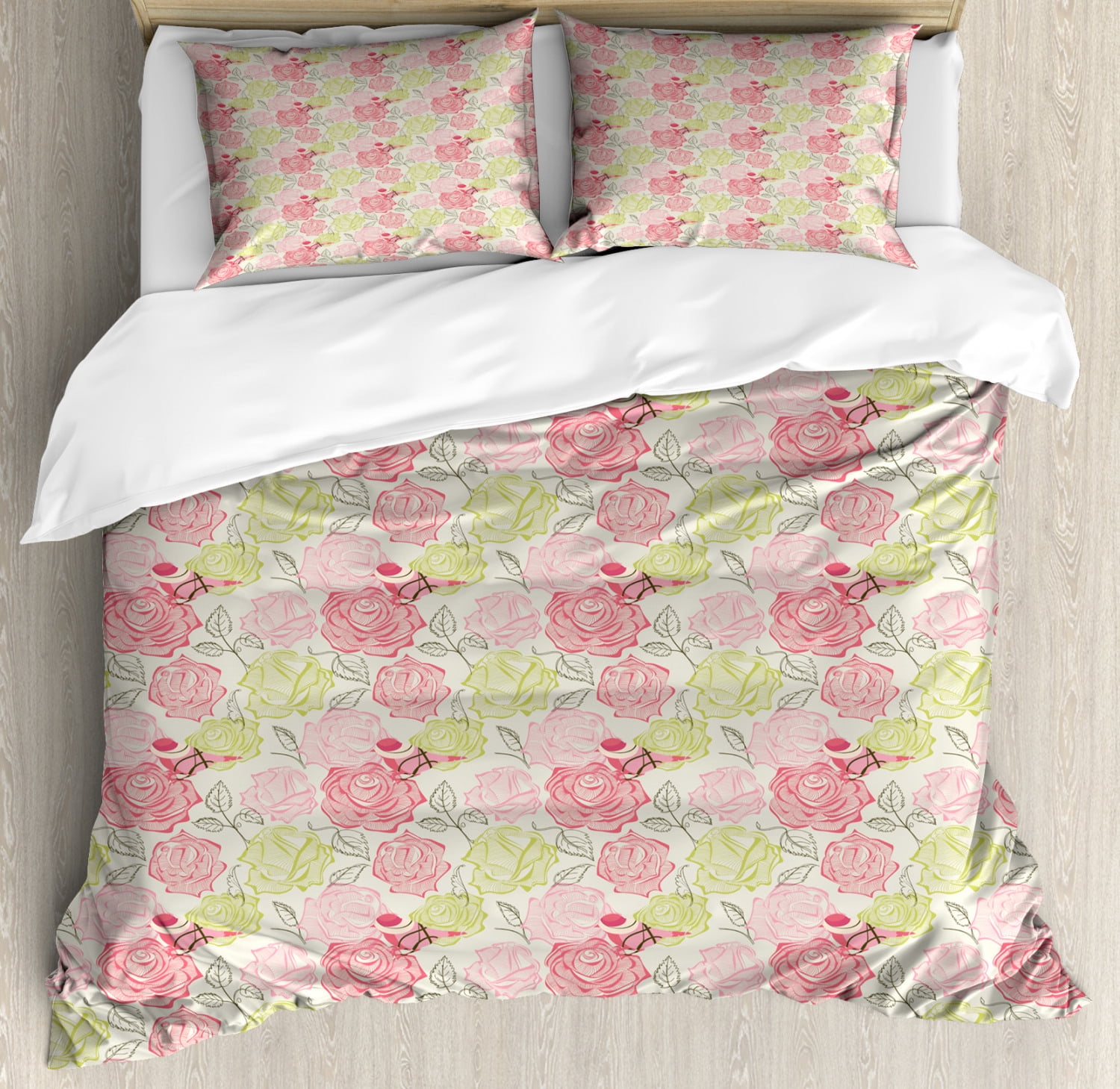 Floral Duvet Cover Set, Romantic Soft Pastel Pink Roses and Green