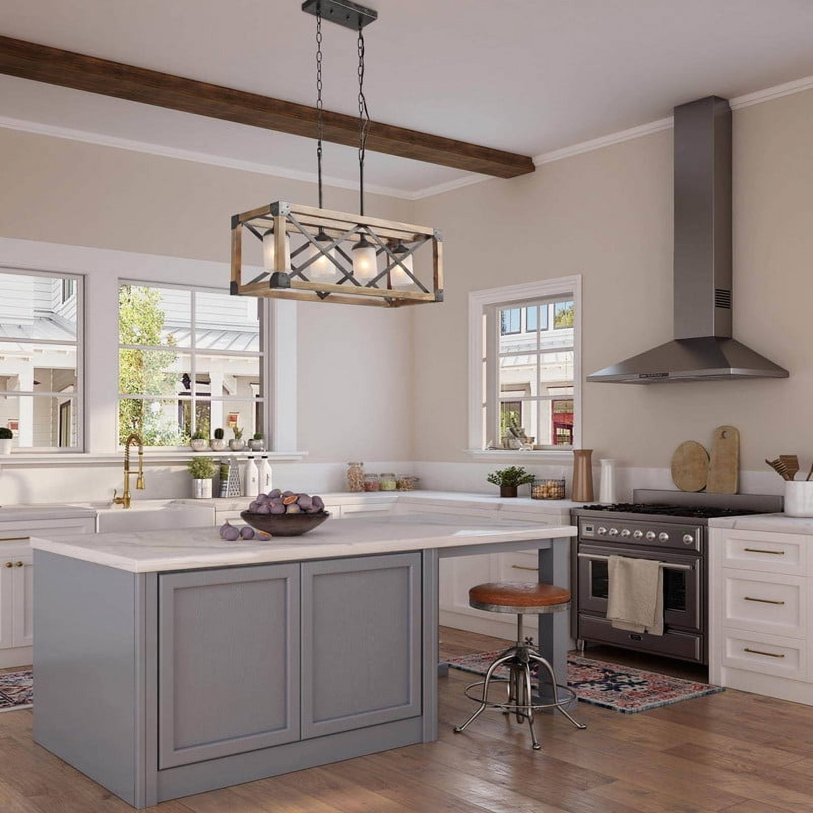 LNC Farmhouse 4-Light Rectangle Chandelier with Wood Frame and Frosted Glasss, 27.5" Wide